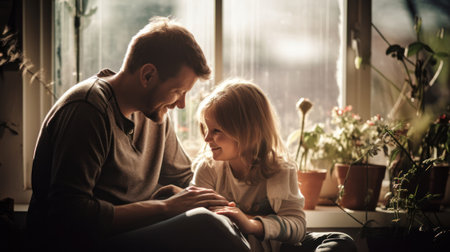 Young loving family at home. Parents and children. People have fun together. Love and family concept.の素材