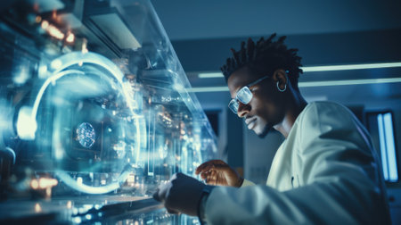 Data scientists work in a modern office of a technology company on the development of a quantum computer. The concept of science, technology, big data and blockchain.の素材