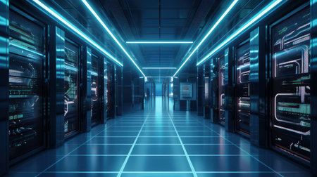Server room in a modern office of a technology company. Development of a quantum computer. The concept of science, technology, big data and blockchain.の素材