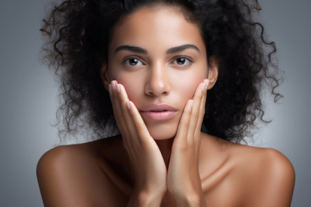 Studio portrait of a young beautiful, healthy woman. Lady skin and face care procedures. Concept of health, rejuvenation, plastic surgery and wellness.の素材