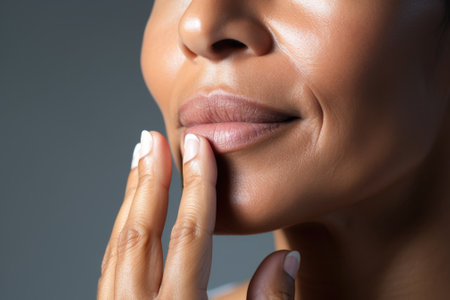 Studio portrait of a young beautiful, healthy woman. Lady skin and face care procedures. Concept of health, rejuvenation, plastic surgery and wellness.の素材