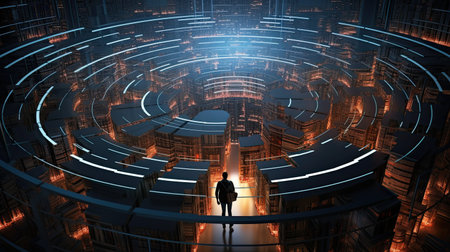 Abstract AI-generated background with digital shapes, futuristic elements and patterns. Future technologies and artificial intelligence concept.の素材