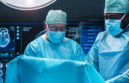 Team of medical doctors performs surgical operation in modern operating room using high-tech technology. Surgeons are working to save the patient in the hospital. Medicine, health and science.の写真素材