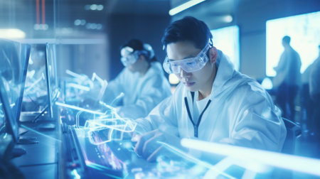 Data scientists work in a modern office of a technology company on the development of a quantum computer. Science, technology, big data and blockchain concept.の素材