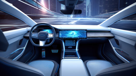Interior of a self-driving car controlled by an artificial intelligence autopilot. Future technologies, internet of things and smart devices concept.の素材