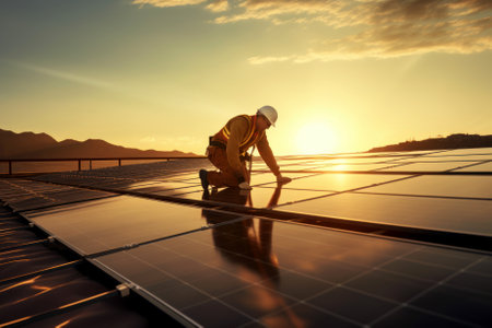 Technician works with solar panels in a field against a sunset background. The concept of environment, renewable sources, power generation, alternative energy and ecology.の素材