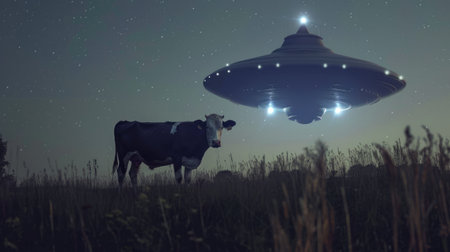 Cow and an extraterrestrial being. Rural country background. Ai generated. Space travel and technology concept.の素材