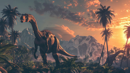 AI-generated majestic dinosaurs in a prehistoric landscape. Brontosaurus or diplodocus. Vivid colors and details bring these ancient creatures to life. Perfect for educational materials, scientific publications, and digital art. The concept of time when dinosaurs ruled the Earth.の素材