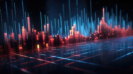 Abstract AI-generated background image with digital shapes, futuristic elements and patterns. Concept of future technologies and artificial intelligence.の素材