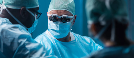 Team of medical doctors performs surgical operation in modern operating room using high-tech technology. Surgeons are working to save the patient in the hospital. Medicine, health and science.の写真素材