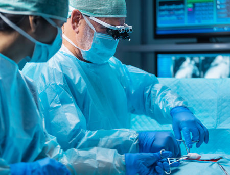 Team of medical doctors performs surgical operation in modern operating room using high-tech technology. Surgeons are working to save the patient in the hospital. Medicine, health and science.の写真素材