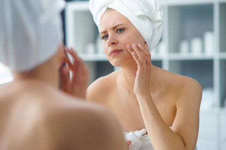 Young Girl is Sitting in front of a Make-up Mirror in the Bathroom and Applying a Skin Cream. Woman is Making Cosmetic Rejuvenation Procedures.の写真素材