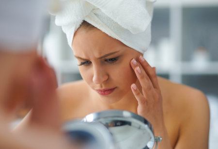 Young Girl is Sitting in front of a Make-up Mirror in the Bathroom and Applying a Skin Cream. Woman is Making Cosmetic Rejuvenation Procedures.の写真素材