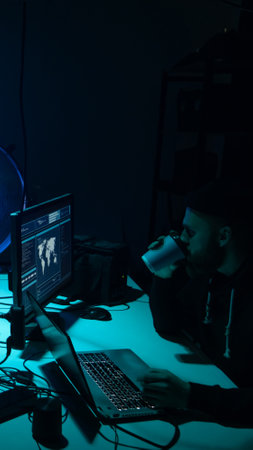 Hackers breaking server using multiple computers and infected virus ransomware. Cybercrime, technology, phishing mail concept.の写真素材