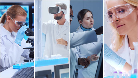 Technology and medical concept. Scientists, lab equipment and microscopes in biomedical innovations and clinical studies. Ideal for educational content. Vertical videos.の写真素材