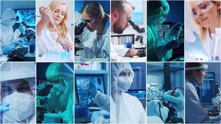 Technology and medical concept. Scientists, lab equipment and microscopes in biomedical innovations and clinical studies. Ideal for educational content. Vertical videos.の写真素材