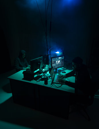 Hackers breaking server using multiple computers and infected virus ransomware. Cybercrime, technology, phishing mail concept.の写真素材