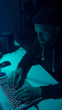 Hackers using virus software and computer interface. Blockchain cyberattack, ddos and malware concept. Underground background.の写真素材