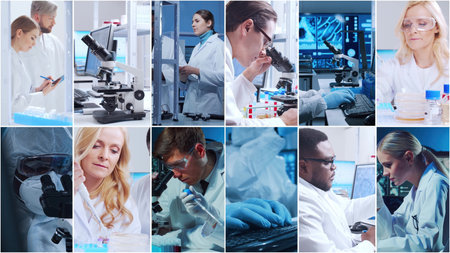 Technology and medical concept. Scientists, lab equipment and microscopes in biomedical innovations and clinical studies. Ideal for educational content. Vertical videos.の写真素材