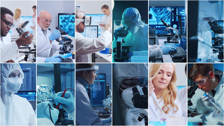 Technology and medical concept. Scientists, lab equipment and microscopes in biomedical innovations and clinical studies. Ideal for educational content. Vertical videos.の写真素材