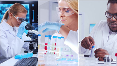 Technology and medical concept. Scientists, lab equipment and microscopes in biomedical innovations and clinical studies. Ideal for educational content. Vertical videos.の写真素材