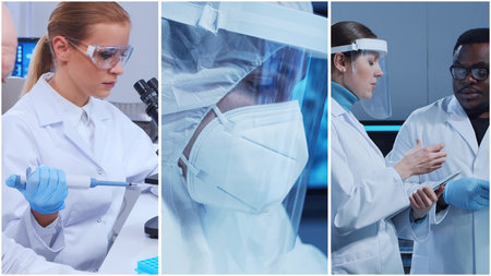 Technology and medical concept. Scientists, lab equipment and microscopes in biomedical innovations and clinical studies. Ideal for educational content. Vertical videos.の写真素材