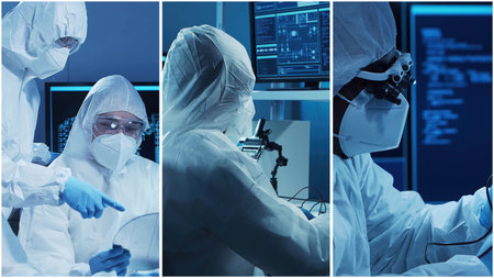 Technology and medical concept. Scientists, lab equipment and microscopes in biomedical innovations and clinical studies. Ideal for educational content. Vertical videos.の写真素材