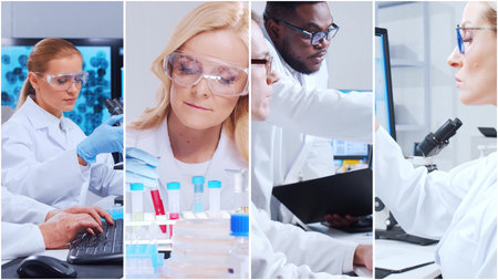 Technology and medical concept. Scientists, lab equipment and microscopes in biomedical innovations and clinical studies. Ideal for educational content. Vertical videos.の写真素材