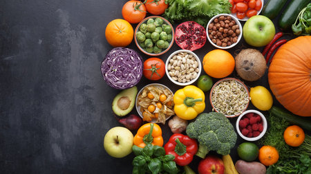 Healthy eating ingredients: fresh vegetables, fruits and superfood. Clean eating and detox. Nutrition, diet, vegan food.の写真素材