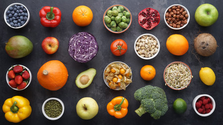 Healthy eating ingredients: fresh vegetables, fruits and superfood. Clean eating and detox....