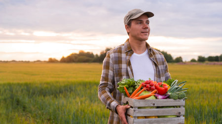 Farmer with a vegetable box in front of a sunset agricultural landscape. Man in a countryside field. Country life, food production, farming and country lifestyle concept.の写真素材