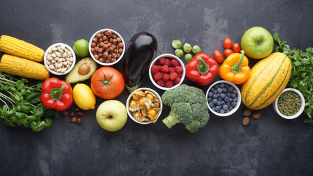 Healthy eating ingredients: fresh vegetables, fruits and superfood. Clean eating and detox....