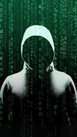Anonymous computer hacker over abstract digital background. Obscured dark face in mask and hood....