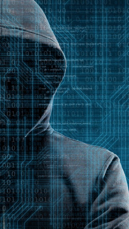 Anonymous computer hacker over abstract digital background. Obscured dark face in mask and hood.