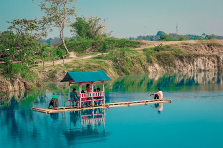 Boat on Cisoka blue lake (Telaga Biru Cisoka) Tangerang, Banten.のeditorial素材
