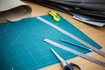 stationery tools on a wooden seamstress's table