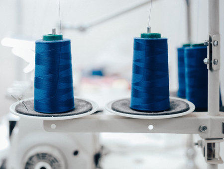 closeup two skeins of bright blue threads standing on a sewer machine