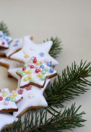 christmas gingerbread cookies and christmas treeの写真素材