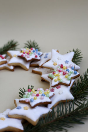 christmas gingerbread cookies and christmas tree. flatlayの写真素材