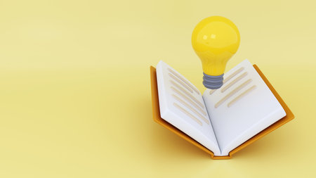 Book and light bulb with left free spacing, 3d illustration of an idea taken from a book, reading books for inspiration - 3d renderingの写真素材