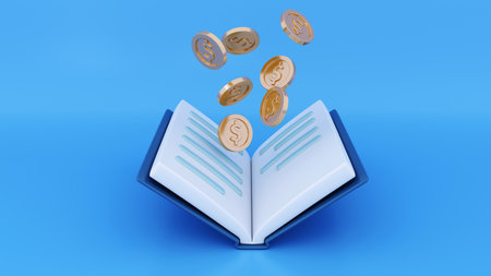 Book and money, 3d illustration of earnings from books, Background or illustration for the banner of a library, bookstore, book festival or educational institution - 3d renderingの写真素材