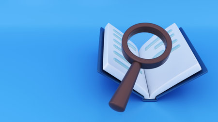 Book and magnifying glass, detective illustration, background for a banner or advertisement of a bookstore, library, book festival - 3d renderingの写真素材