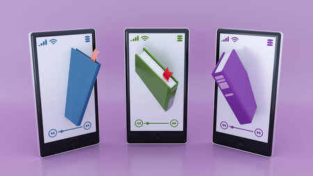 e-book. Book bursting out of a phone, illustration of electronic book reader, advertisement or...