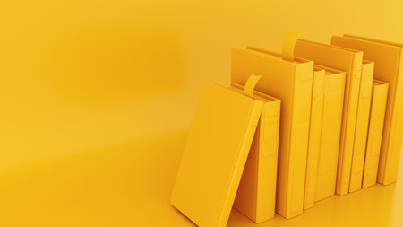 Books on the shelf, mono color yellow, Bookshelf, 3D books for the Back to School banner, library, education, book festival - 3D renderingの写真素材