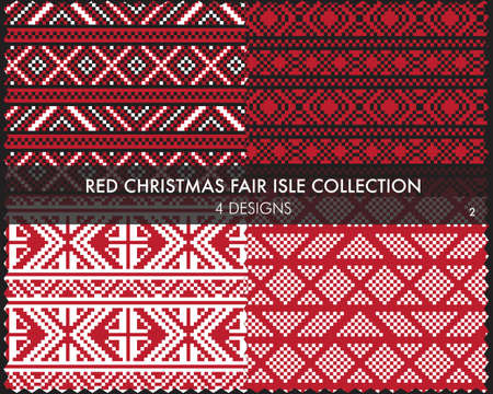 Red Christmas fair isle pattern collection includes 4 design swatches for fashion textiles, knitwear and graphicsのイラスト素材