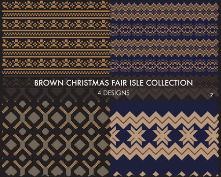 Brown Christmas fair isle pattern collection includes 4 design swatches for fashion textiles, knitwear and graphicsのイラスト素材