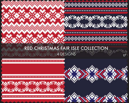Red Christmas fair isle pattern collection includes 4 design swatches for fashion textiles, knitwear and graphicsのイラスト素材