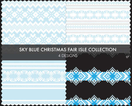 Sky Blue Christmas fair isle pattern collection includes 4 design swatches for fashion textiles, knitwear and graphicsのイラスト素材