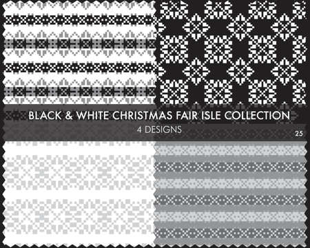 Black and White Christmas fair isle pattern collection includes 4 design swatches for fashion textiles, knitwear and graphicsのイラスト素材