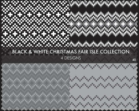 Black and White Christmas fair isle pattern collection includes 4 design swatches for fashion textiles, knitwear and graphicsのイラスト素材
